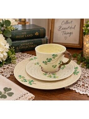 Vintage Belleek Shamrock Tea Trio 4th Green Mark 1946-1955 Ireland 3 Pc